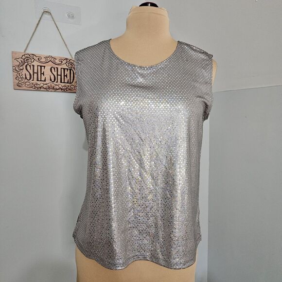 Silver Metallic Button Up Shirt Over Tank Top Womens Medium Holiday Festive - Picture 10 of 11